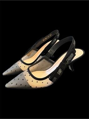 Dior Kitten Heel  Black & Ivory Polka Dot Mesh Slingback Pumps